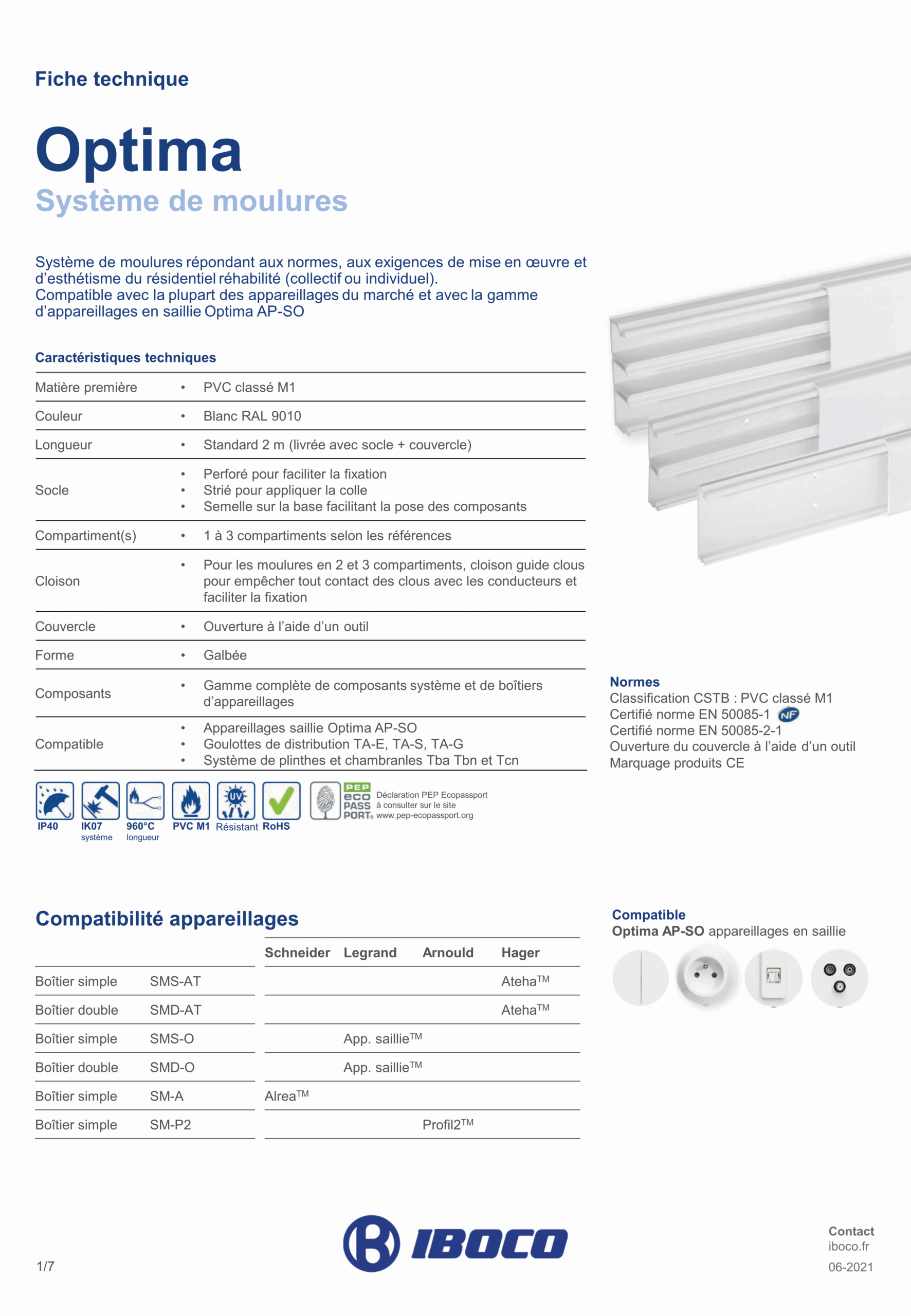 Moulure électrique PVC IBOCO Optima – Système goulotte saillie 2 m blanc RAL 9010