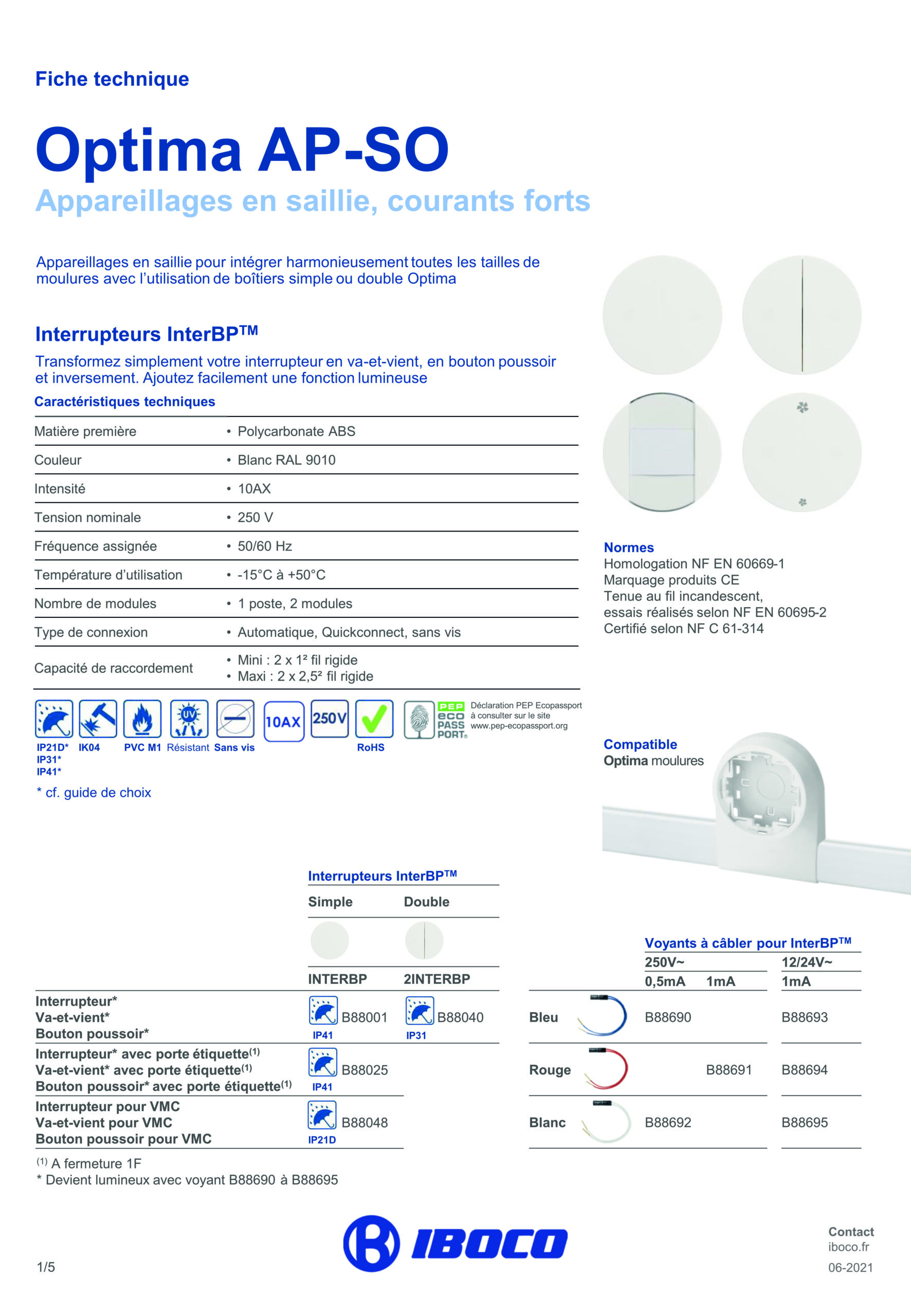Interrupteur va-et-vient bouton poussoir InterBP IBOCO Optima AP-SO – Blanc RAL 9010 - Vue 3